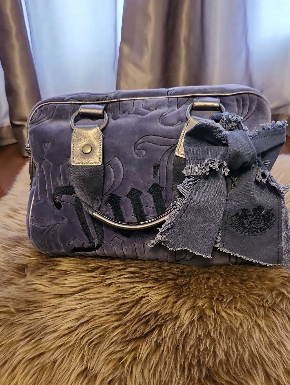Juicy Couture Navy Blue Suede Bow-Accent Satchel